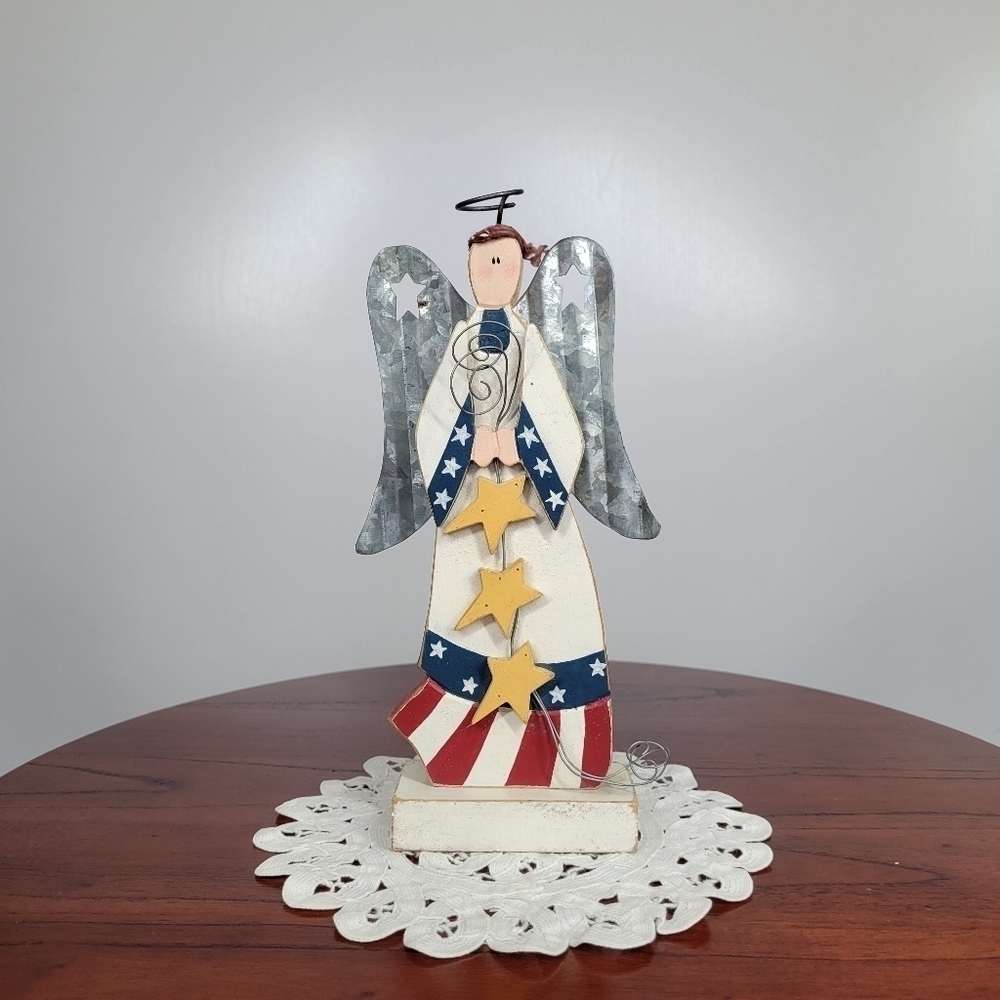 Primitive Wood Angel Figurine American Flag Stars Stars & Stripes Folk Art VTG‎